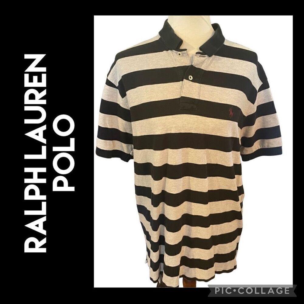 Polo Ralph Lauren Men's Gray Black Striped Short Sleeve Polo Shirt Size Large